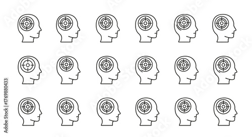A striking white linear outline illustration features a grid of human head profiles, each containing a target symbol within the cranium, symbolizing focus, goals, and mental concentration, presented