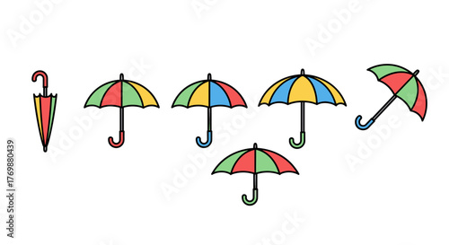 Collection of colorful umbrellas and parasols in various states of opening and closing, presented as vector cartoon illustrations with a clean, modern aesthetic, perfect for graphic design, book