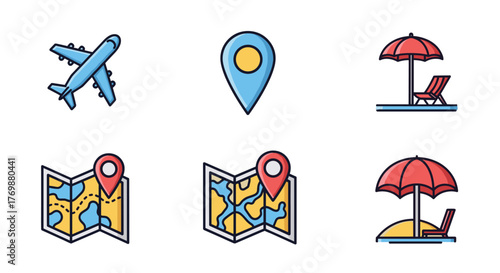 Vibrant flat design vacation icon pack featuring a stylized airplane, a map with a pin, a location marker, and a beach umbrella with a lounge chair, perfect for travel-themed designs, digital art