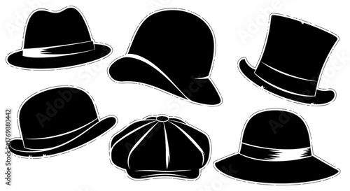 A striking collection of vintage hat silhouettes, presented in a bold black and white graphic style, perfect for urban art, design projects, and fashion-themed concepts, offering a timeless and