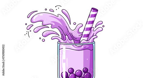 Vibrant cartoon illustration of a glass filled with creamy purple taro-flavored milk bubble tea, featuring a dynamic splash and a striped straw, perfect for representing sweet desserts and refreshing