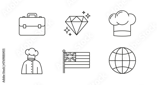 Collection of simple linear outline icons representing business, luxury, culinary arts, national identity, and global connectivity, perfect for web, print, and app design with editable strokes.