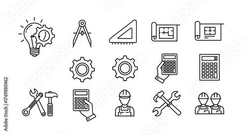 Engineering line icons set featuring an idea bulb with a cogwheel, dividers, drafting tools, blueprints, calculators, gears, wrenches, hammers, and construction workers, representing innovation
