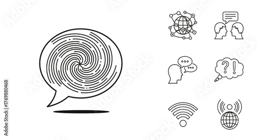 A collection of linear vector icons representing communication and technology, including a large, swirling talk bubble, a globe with network connections, two heads in conversation, a silhouette with