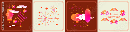 Happy Chinese Lunar New Year Cards. Vector Background with China Lanterns, Clouds and Fireworks. Japanese Graphic Design. 2026 Abstract Oriental New Year Illustration.