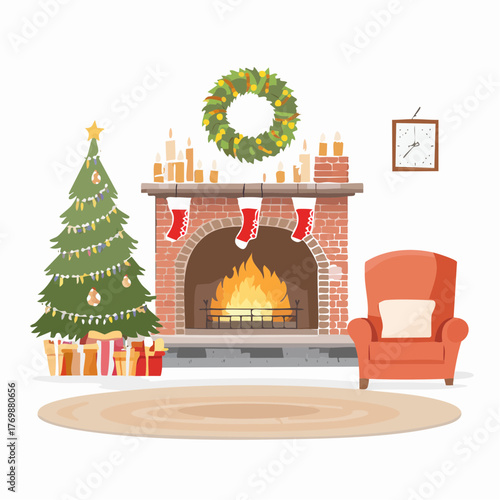 Festive Christmas living room illustration with decorated tree, warm fireplace, stockings, candles, gifts, and comfy armchair, perfect for holiday cheer