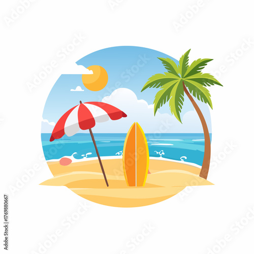 Beach scene with umbrella, surfboard, palm tree, and ocean in a round frame