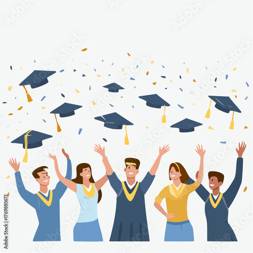 Group of happy diverse students celebrating graduation day, tossing caps with confetti. A concept of academic success and achievement