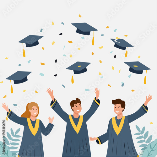 Celebrating Graduation Graduates Throwing Hats in the Air Surrounded by Confetti