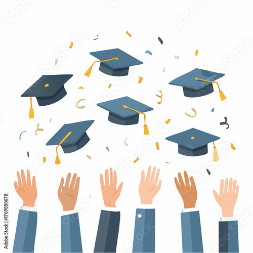 Vibrant graduation celebration with academic caps flying and confetti, diverse hands applauding success, achievement, and the bright future for all graduates