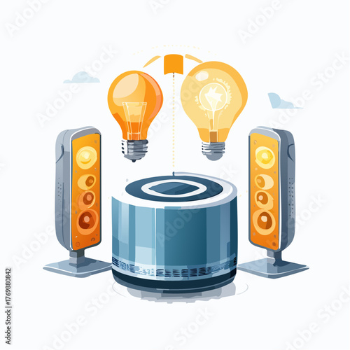 Smart Home Entertainment System Connected Speakers, Light Bulbs, and Audio Integration Design