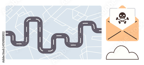 Curved road over city map shows navigation, paired with malware email in orange envelope and cloud storage icon. Ideal for cybersecurity, data protection, navigation planning, email security, online