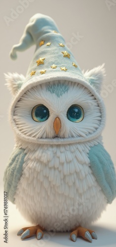A fluffy white owl with large, sparkling eyes wears a soft teal wizard hat adorned with golden stars and a delicate gold band. Its gentle expression and plush texture evoke charm and whimsy against a 