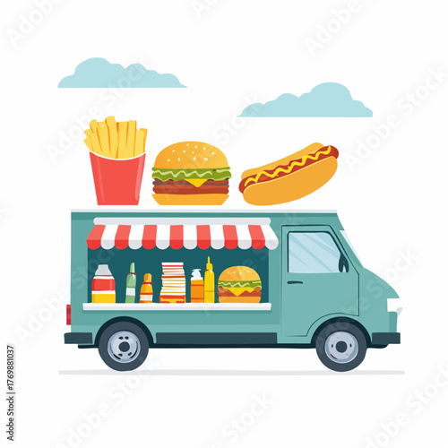 Vibrant illustration of a mobile food truck serving popular fast food items like classic burgers, crispy French fries, and juicy hot dogs, perfect for street dining and casual events