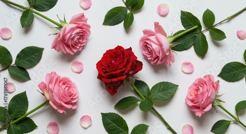Fototapeta Naklejka Na Ścianę i Meble -  Beautiful arrangement of fresh red and pink rose flowers with green leaves scattered across a pure white surface for decorative use ,natural ,nature ,wallpaper