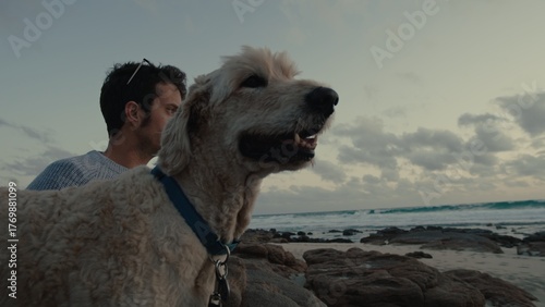 Man enjoys sunset at the beach with his dog while relaxing by the waves and embracing nature's beauty