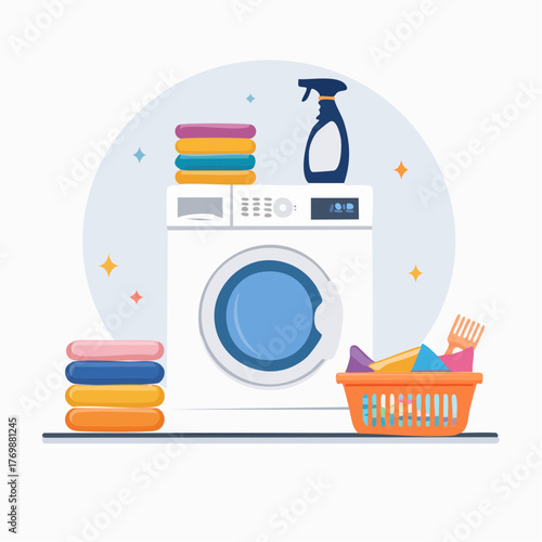 Clean clothes and laundry room essentials in a modern illustration with washing machine and cleaning supplies