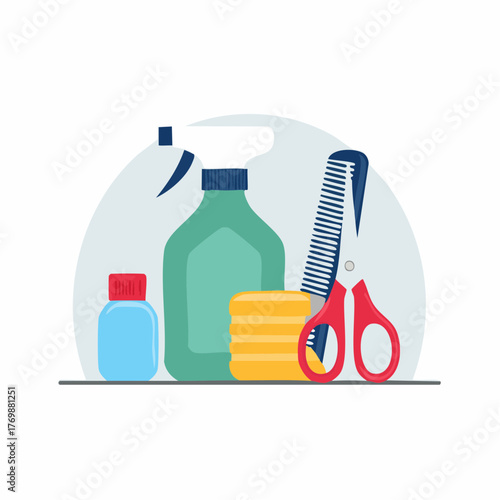 Vector illustration of essential hairdressing equipment with scissors, comb, spray bottle, and cleaning supplies for a salon or barbershop