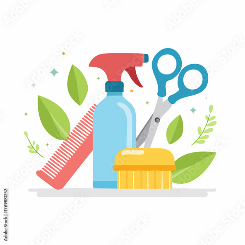 Salon Essentials Spray Bottle, Scissors, Comb, Brush, and Leaves for Hair Care and Styling