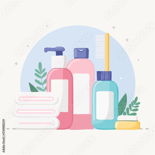 Flat illustration of daily self-care essentials shampoo, lotion, toothbrush, and soft towels for a refreshing hygiene routine and wellness