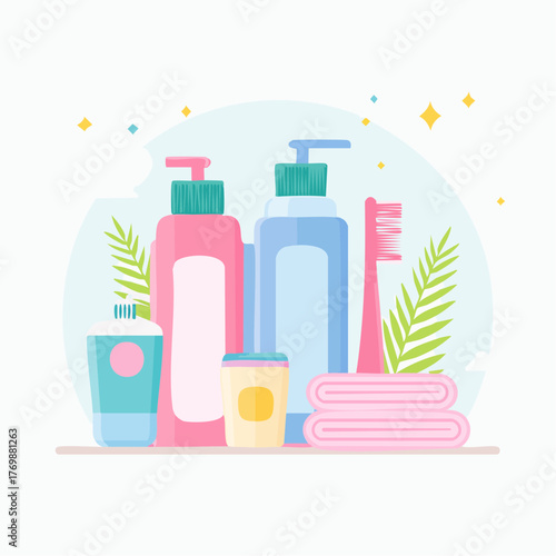 Essential personal care and daily hygiene routine items in a clean, illustrative style, featuring bath products, toothbrush, and soft folded towels for freshness