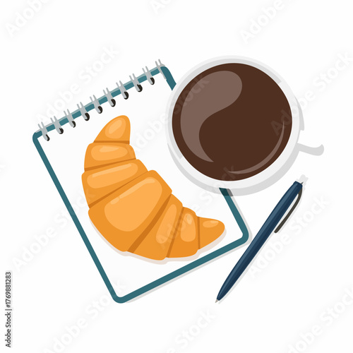 A vector illustration of a morning breakfast or coffee break concept, showing a top-down view of a fresh croissant on a notebook with a hot cup of coffee and a pen