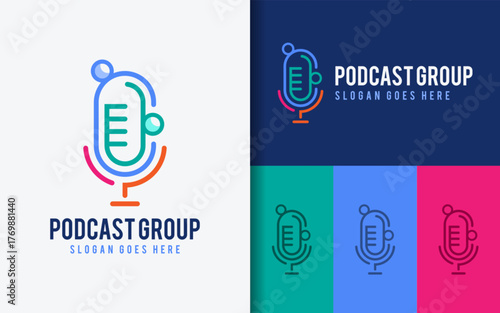 Colorful minimalist logo combining a podcast microphone and group of people, symbolizing communication, teamwork, and creative discussion. Ideal for podcast networks or media brands.