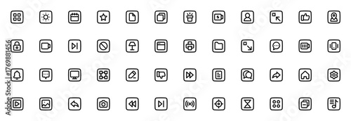 User Interface icon set. Minimal vector UI icons pac. Includes symbols for app, brightness, calendar, str, file, settings, chat, bttery, lock, pencil, camer, and more. Editable strok.