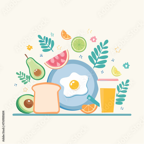 Vibrant and healthy breakfast illustration featuring a fried egg, avocado, toast, and fresh fruit for a nutritious start to the day
