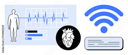 Human silhouette, heart diagram, digital vital stats, and wireless highlight connected health monitoring. Ideal for healthcare, cardiology, telemedicine, technology, innovation diagnostics