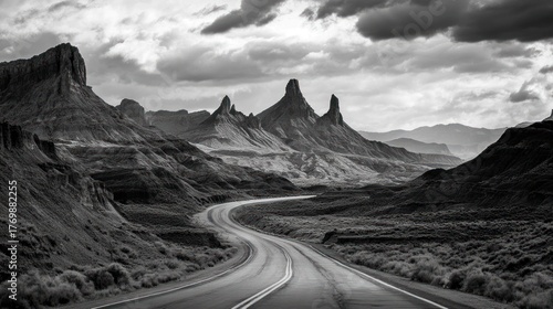 Black and white road winding through dramatic desert mountains
