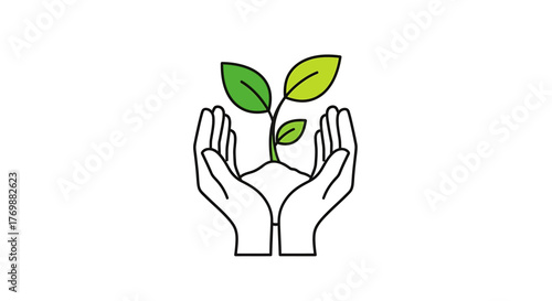 Vector Illustration of cupped hands gently holding a small, vibrant green plant growing from soil, symbolizing nurturing, environmental protection, sustainability, and new beginnings