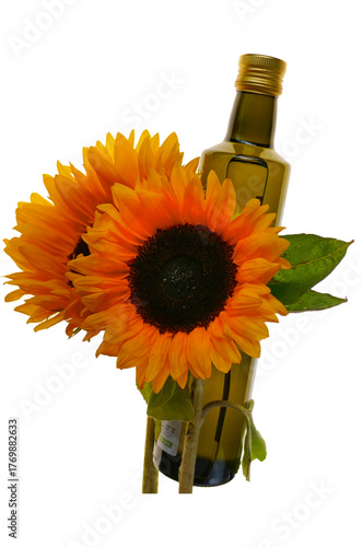 Bottle of Sunflower Oil with Sunflowers isolated on white background.Organic natural farm sunflower oil. Edible oils.