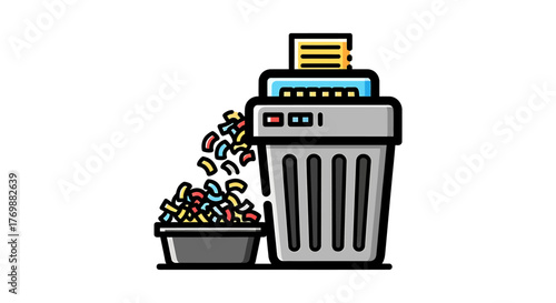 Paper shredder machine destroying documents for data privacy and information security, a colorful office equipment Vector Illustration