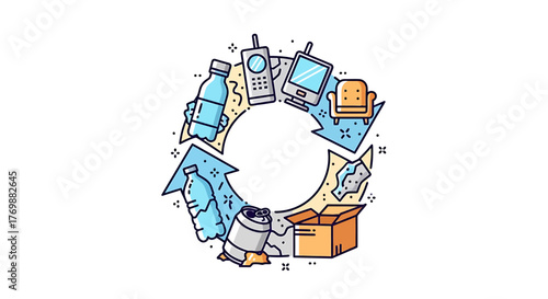 A conceptual Vector Illustration of a circular economy, showcasing a recycling loop with various types of household waste, including electronics and plastics