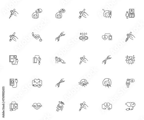 Early pregnancy symptoms icon set. Minimal line vectr icons pack. Includes symols for nausea, dizziness,fatigue, appetite, sensitiity, fainting, and more. Eitable stroke.