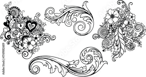 Ornate Black and White Flourishes and Floral Designs.