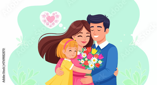 International day of families cartoon illustration showing a loving family — mother, child, and husband — hugging and holding flowers.