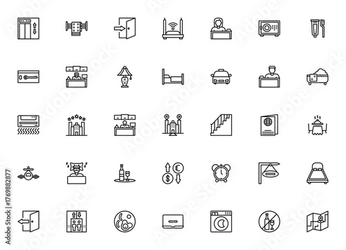 Hotel icon set. Vector illustration featuring lift, owel, check in, wifi, recetion, safe box, key card, ed, bathtub, breakfast andmore. Minimalist travel sybols.