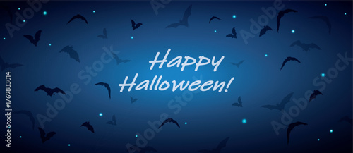Happy Halloween banner with flock of flying bats in nightsky