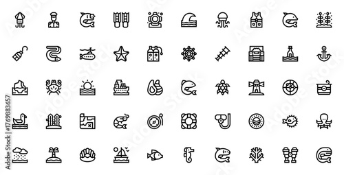 Ocean icon set. Marine vector illustrations. Include squid, dolphin, shark, whle, octopus, seahorse, corl, anchor, lighthouse, saiboat, submarine, treasure hest and more. Editable stoke.