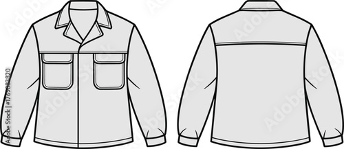 Button-down shirt technical sketch front and back, long sleeve fashion flat with collar and flap pockets, cad drawing flat vector illustration