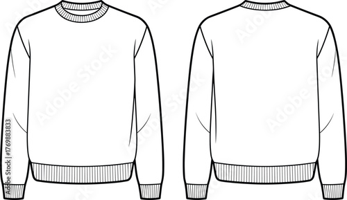 Crewneck sweatshirt technical sketch front and back, fashion flat drawing with ribbed cuffs and hem, cad drawing flat vector illustration