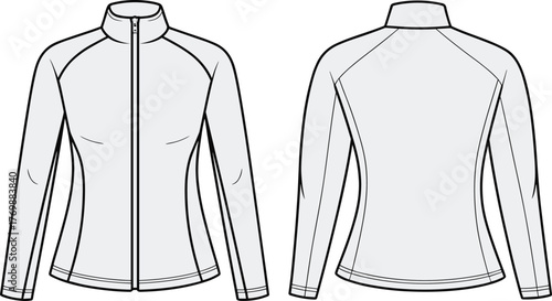 Fitted zip-up jacket technical sketch front and back, raglan sleeve fashion flat with contour seams, cad drawing flat vector illustration
