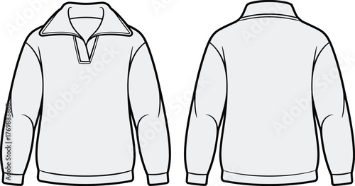 High collar pullover technical sketch, fashion cad drawing, short zipper front design, ribbed cuff hem garment, front back view vector template