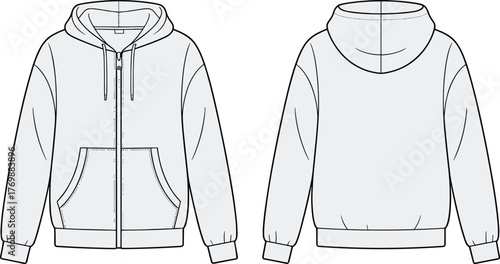 Hoodie technical sketch, fashion cad drawing, zip-up front design, kangaroo pockets and drawstring hood, ribbed cuffs and hem, vector template