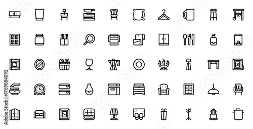 Homeware icon set. Minimalist vector illustrations. ncludes symbols for sofa, hair, table, bed, lamp, vae, cupboard, kitchenware ad more. Editable stroke.