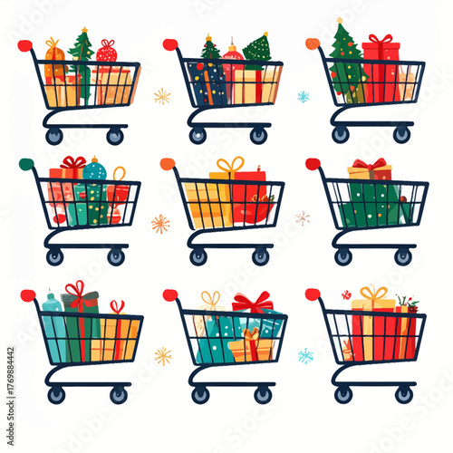 Christmas Sale & Shopping Elements Festive shopping carts filled with holiday gifts and presents