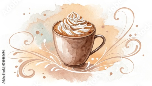 Delicious coffee cup with whipped cream and artistic swirls.