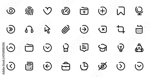 UI icon set. Minimal vector icons pack. Includes symols for eye, fingerprint, eart, dashboard, folder, arow, cursor, calendar, brifcase, clock and more. Ediable stroke.